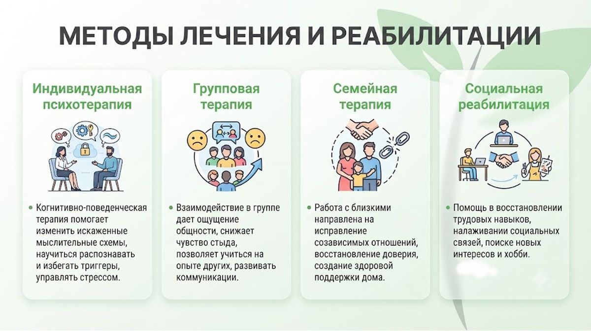 Инфографика «Методы лечения и реабилитации», включающая четыре этапа.